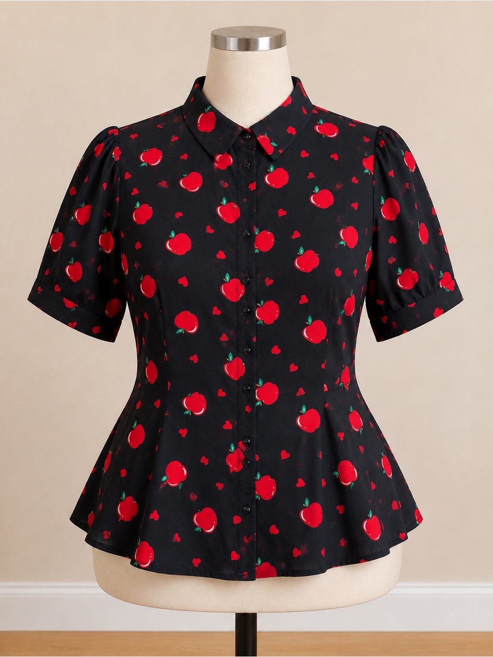 Collectif Black Peplum Button-Down Shirt with Red Apple Print